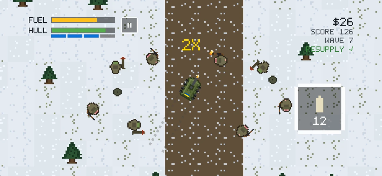 The IFV firing at armed enemies on a snowy road, with mines and a 2X score combo.