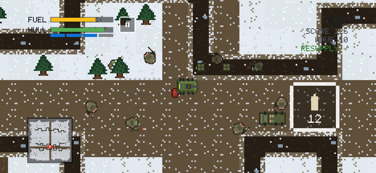 An enemy troop truck approaching the IFV on a road, with the recon minimap visible.