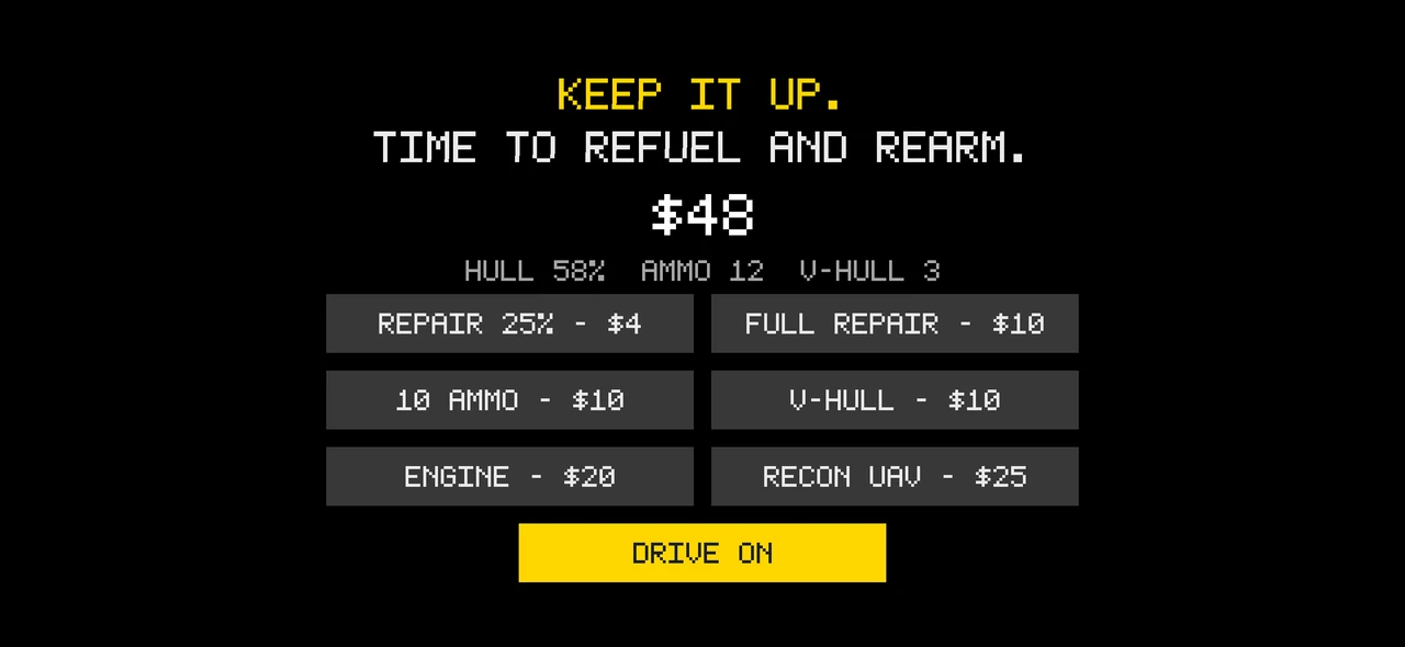 The resupply screen with hull repairs, ammo, armor, engine and recon upgrades bought with in-game points.